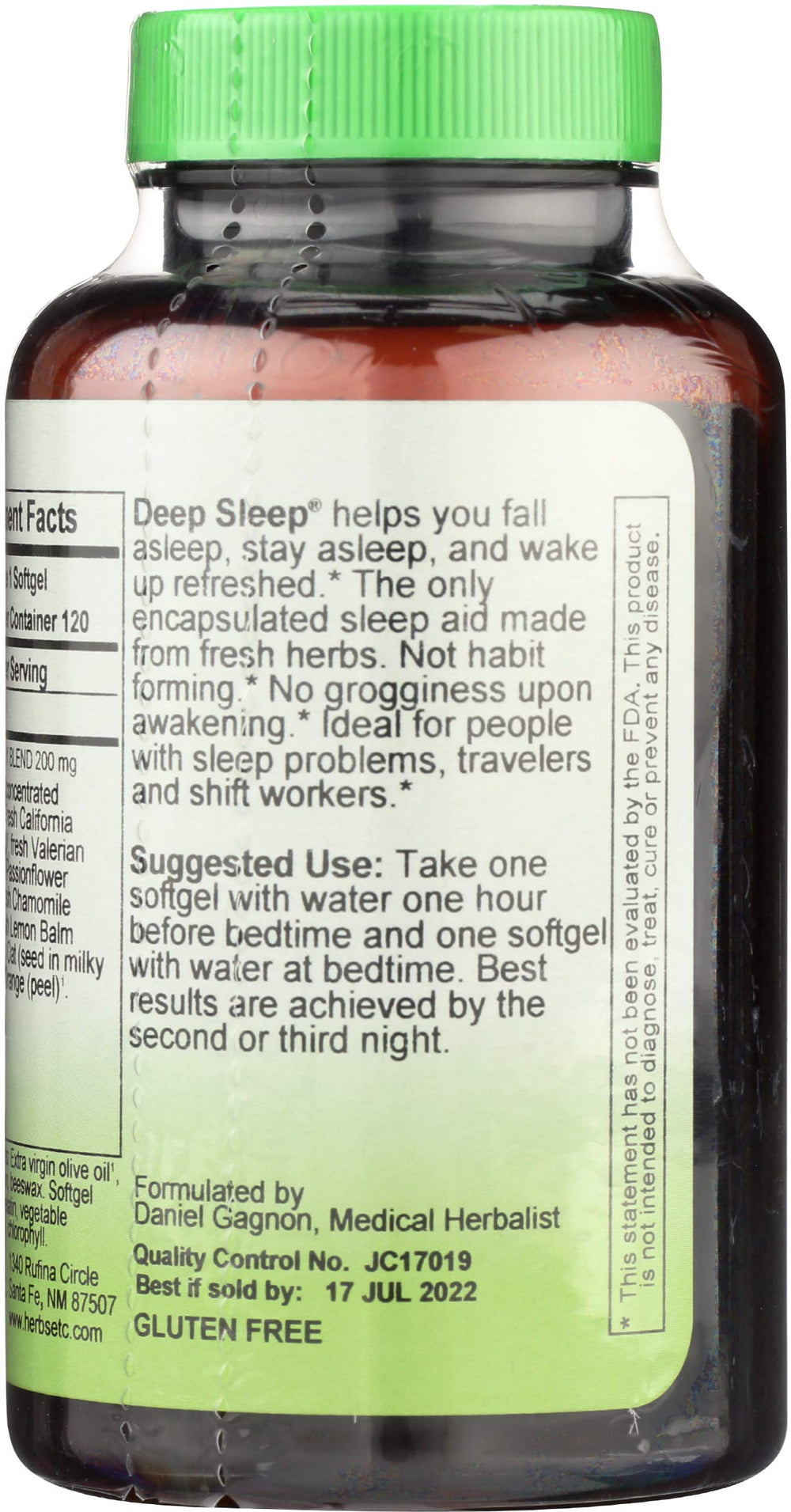 Herbs Etc. Deep Sleep softgels bottle side highlighting herbal blend.