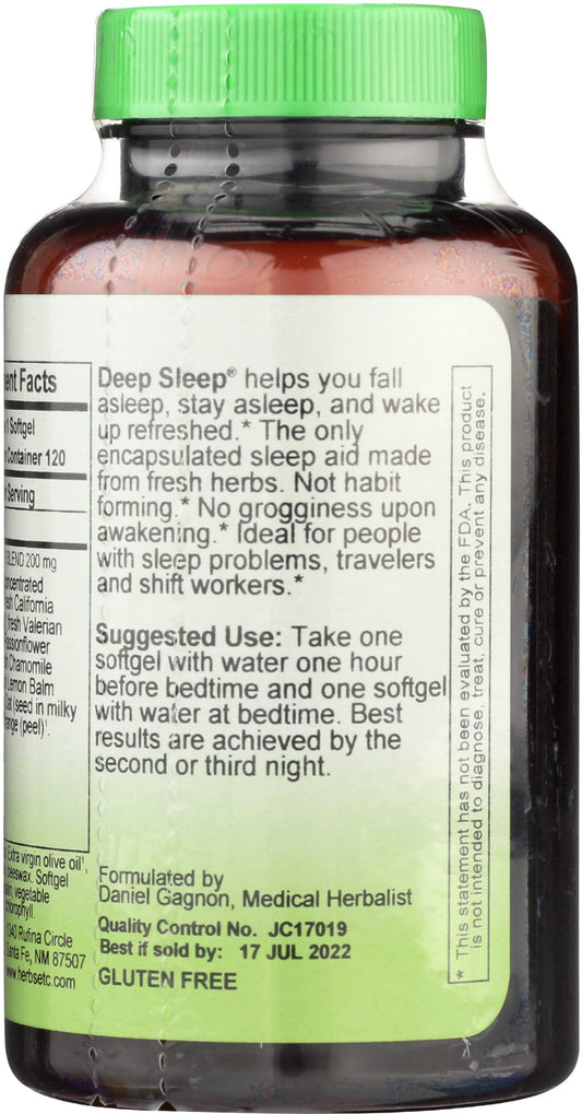 Herbs Etc. Deep Sleep softgels bottle side highlighting herbal blend.