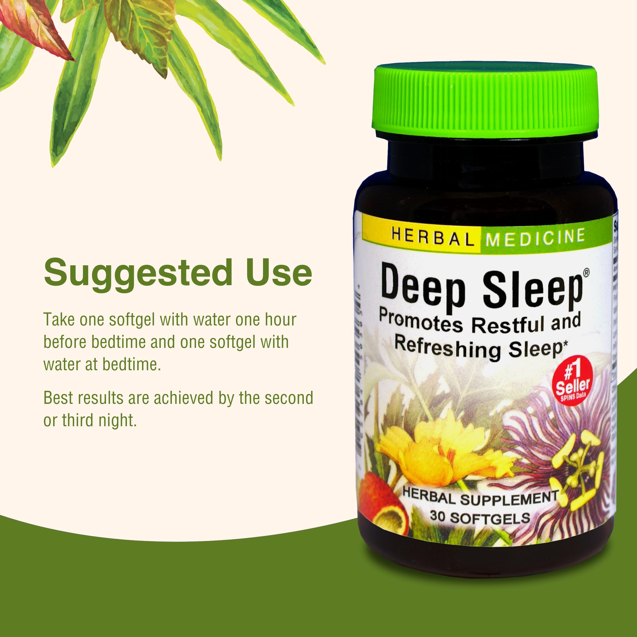 Herbs Etc. Deep Sleep Softgels dosage instruction showing recommended use