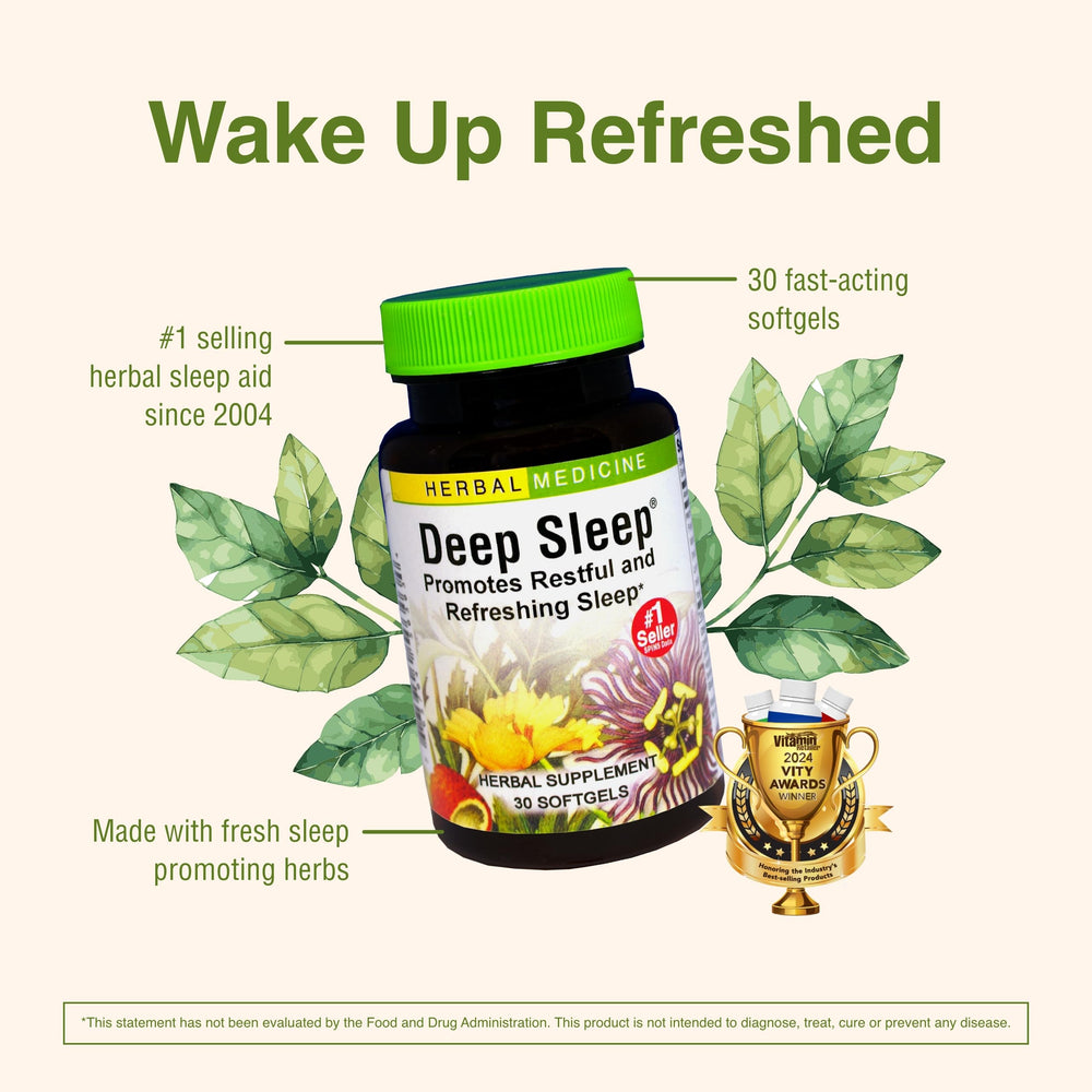 Herbs Etc. Deep Sleep Softgels ingredients closeup with fresh herbs