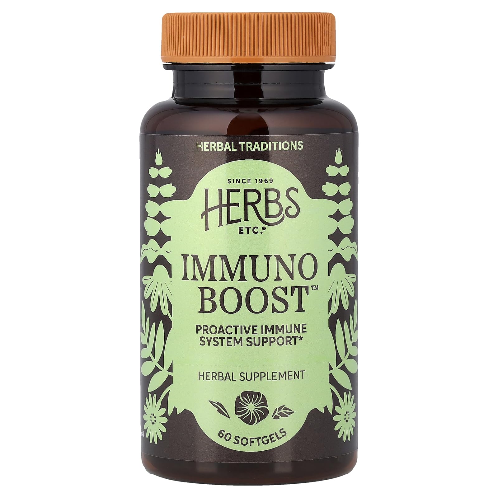 Herbs Etc. Immunoboost bottle label highlighting echinacea and calendula for immune support.