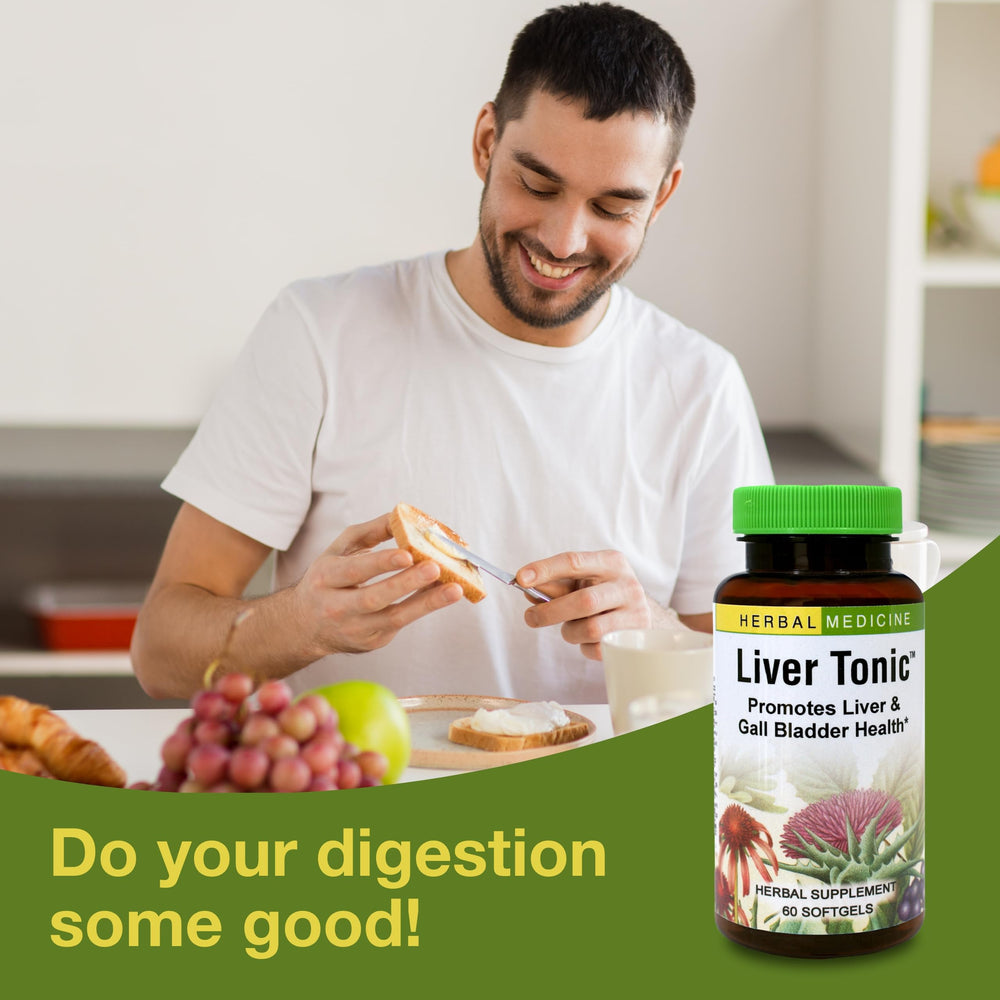 Herbs Etc. Liver Tonic bottle label featuring milk thistle and schisandra for daily support.