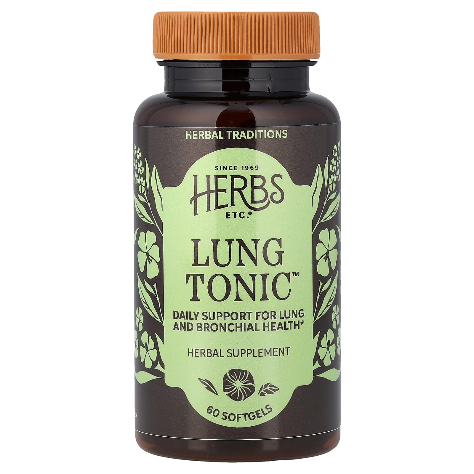 Herbs Etc. Lung Tonic bottle showcasing organic herbs for bronchial support.