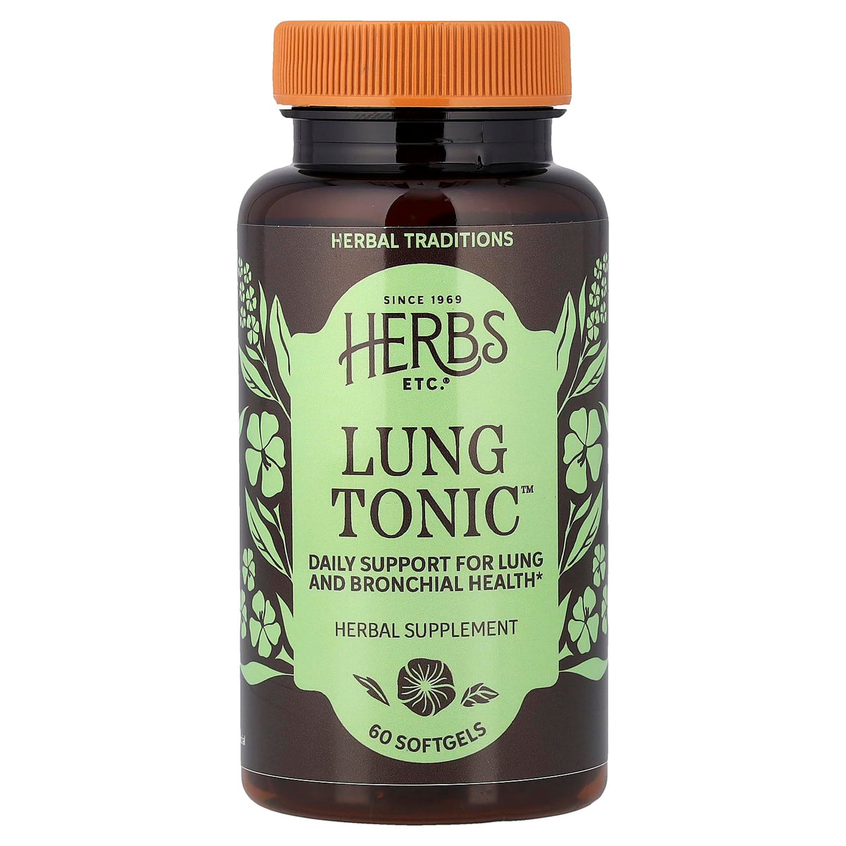 Herbs Etc. Lung Tonic bottle showcasing organic herbs for bronchial support.