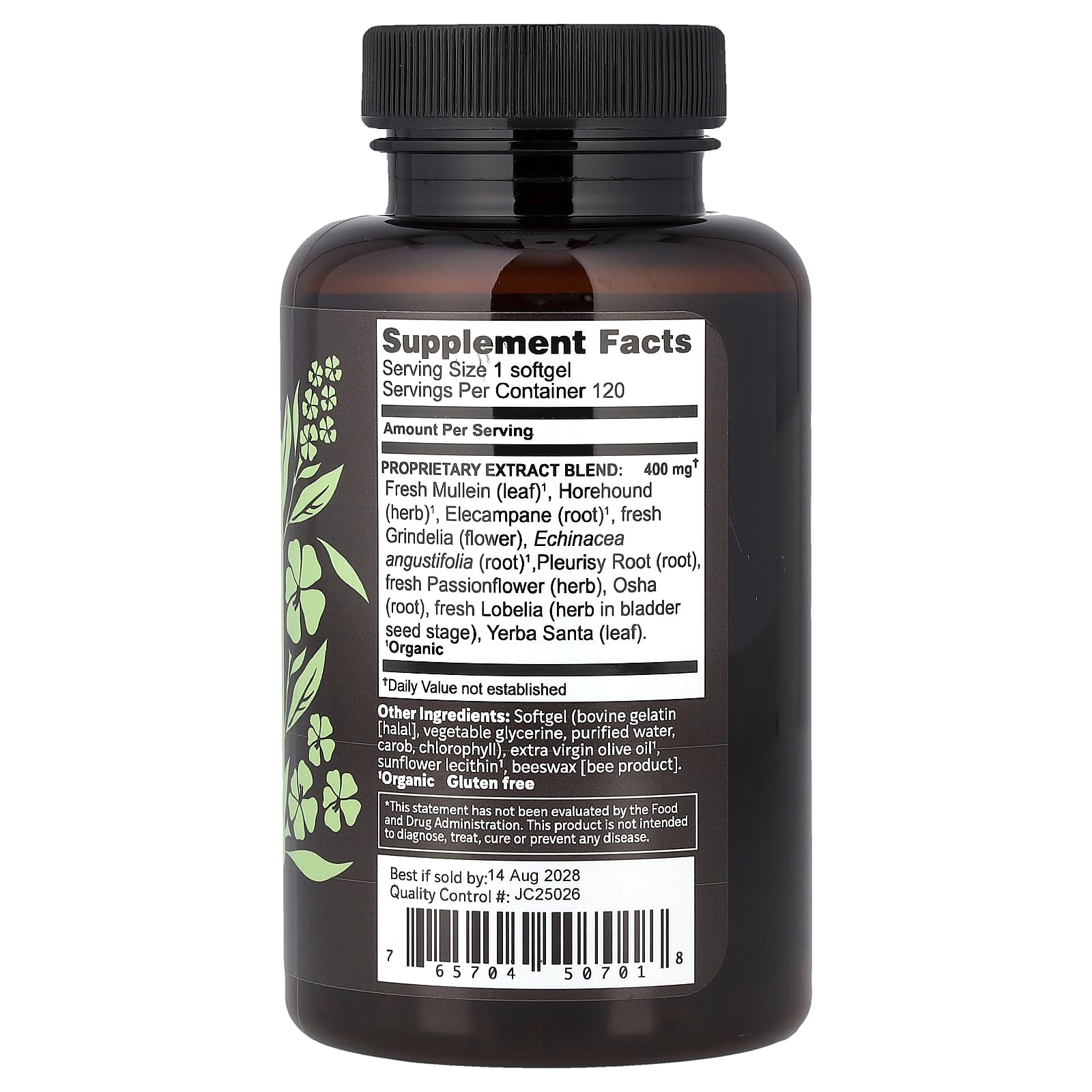 Herbs Etc. Lung Tonic softgels close-up highlighting mullein horehound and grindelia for breathing support
