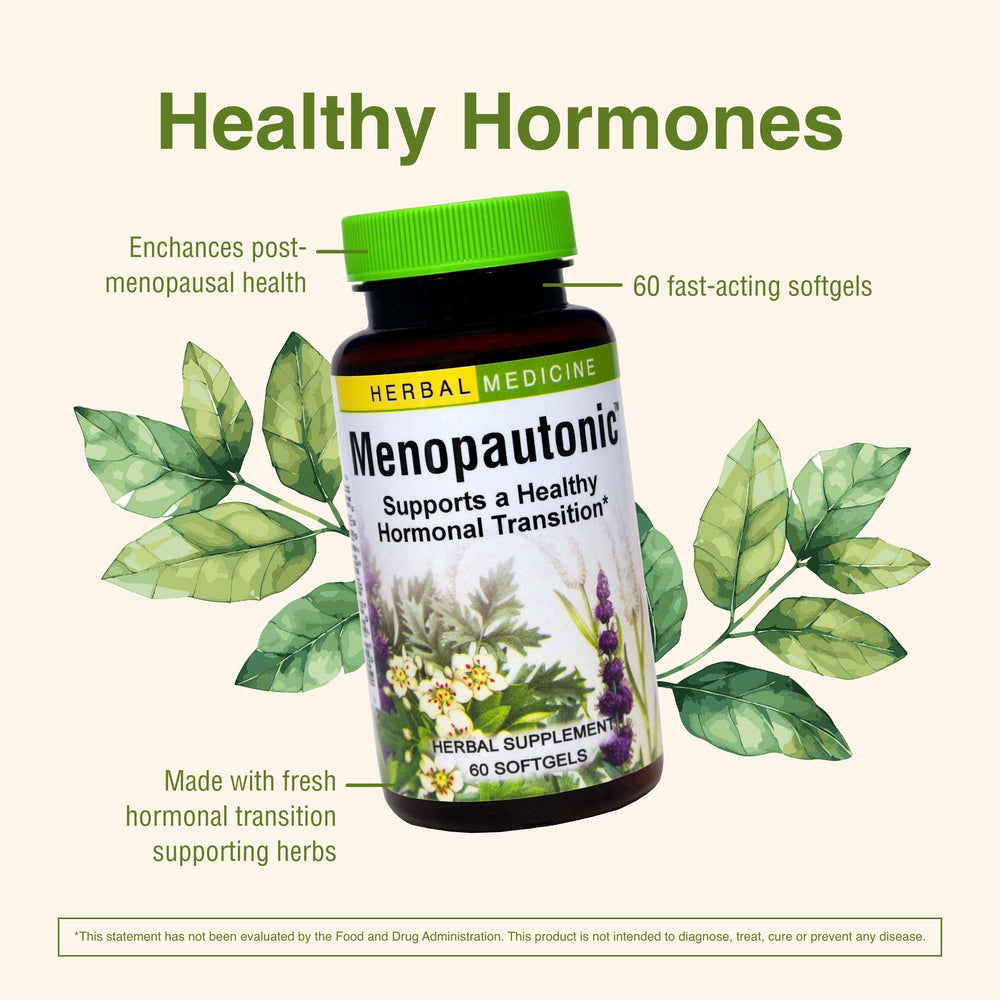 Packaging box of Herbs Etc. Menopautonic highlighting natural ingredients.