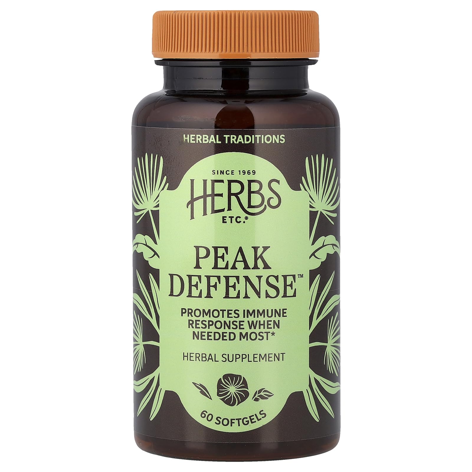 Herbs Etc. Peak Defense bottle front view showing label for immune support.
