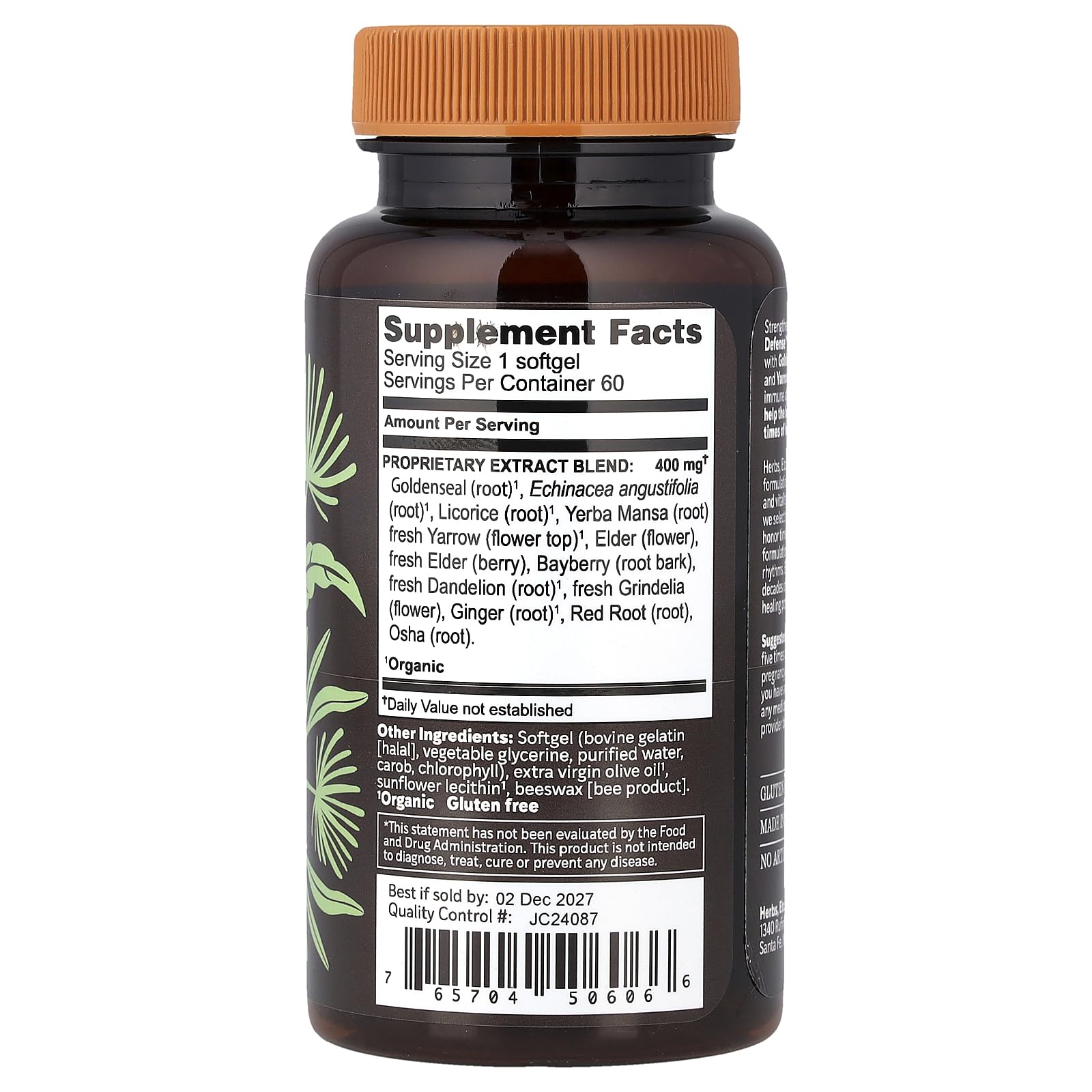 Herbs Etc. Peak Defense bottle label close-up highlighting gluten-free formulation.