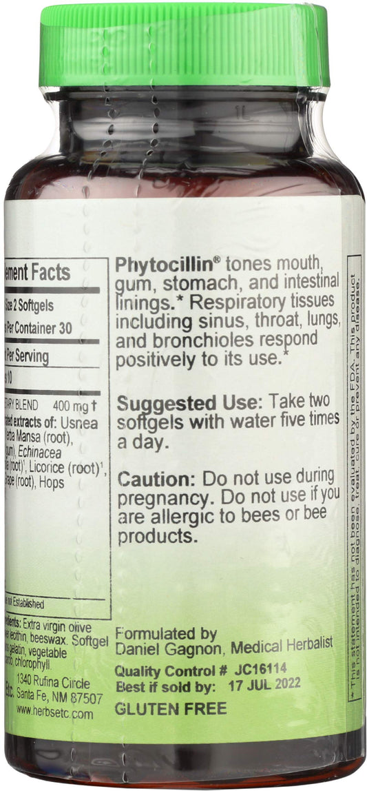 Herbs Etc. Phytocillin bottle close-up with label and dosage guidance for daily use