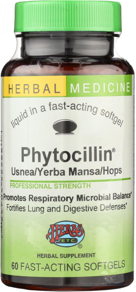 Herbs Etc. Phytocillin softgels bottle on shelf for seasonal support