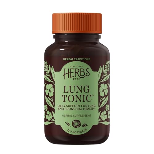 Herbs Etc Respiratonic softgel bottle on a shelf for convenient respiratory support.