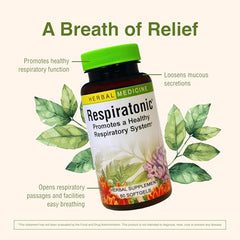 Herbs Etc Respiratonic softgel bottle being poured for quick, portable use.