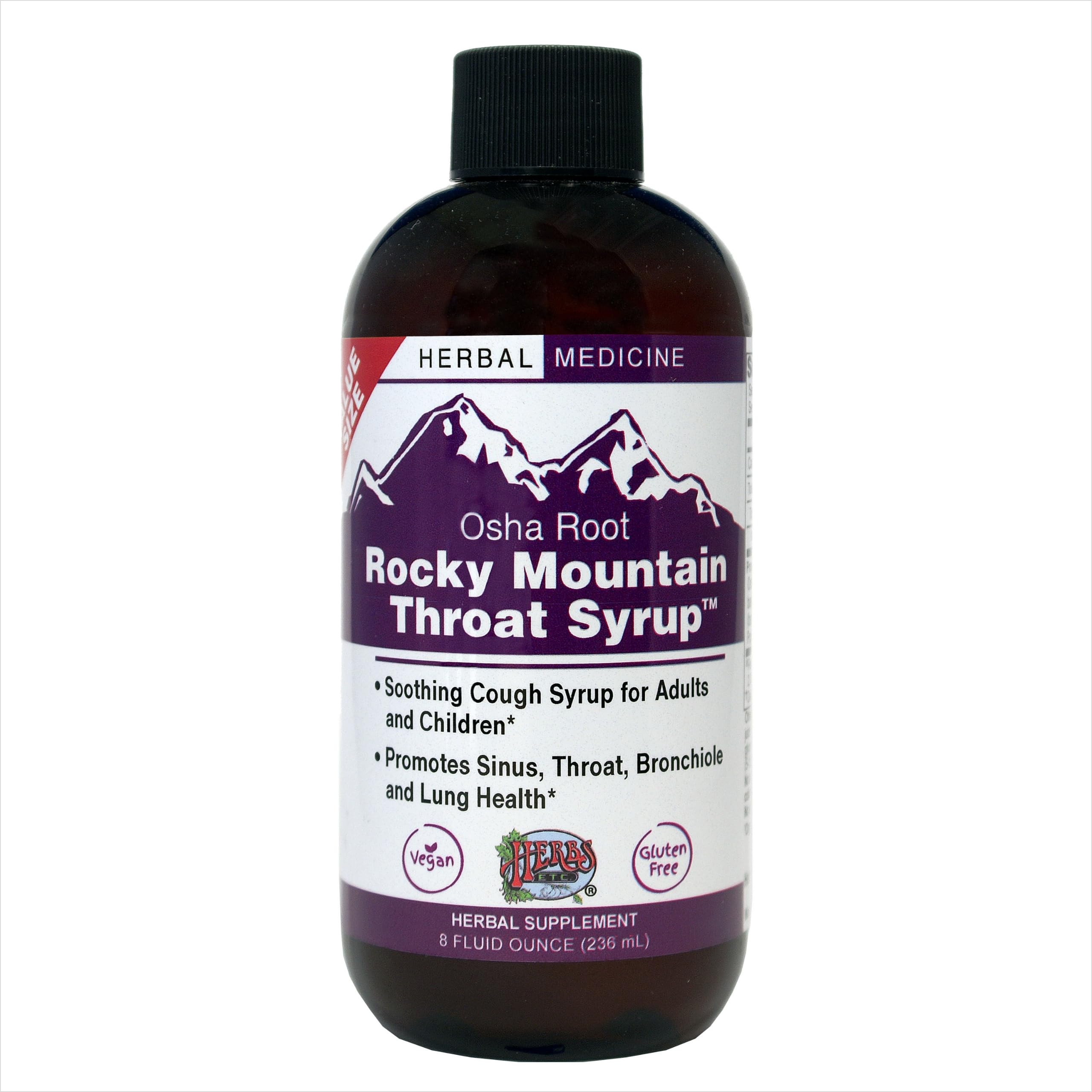 Herbs Etc. Rocky Mountain Throat Syrup bottle for soothing throat comfort.
