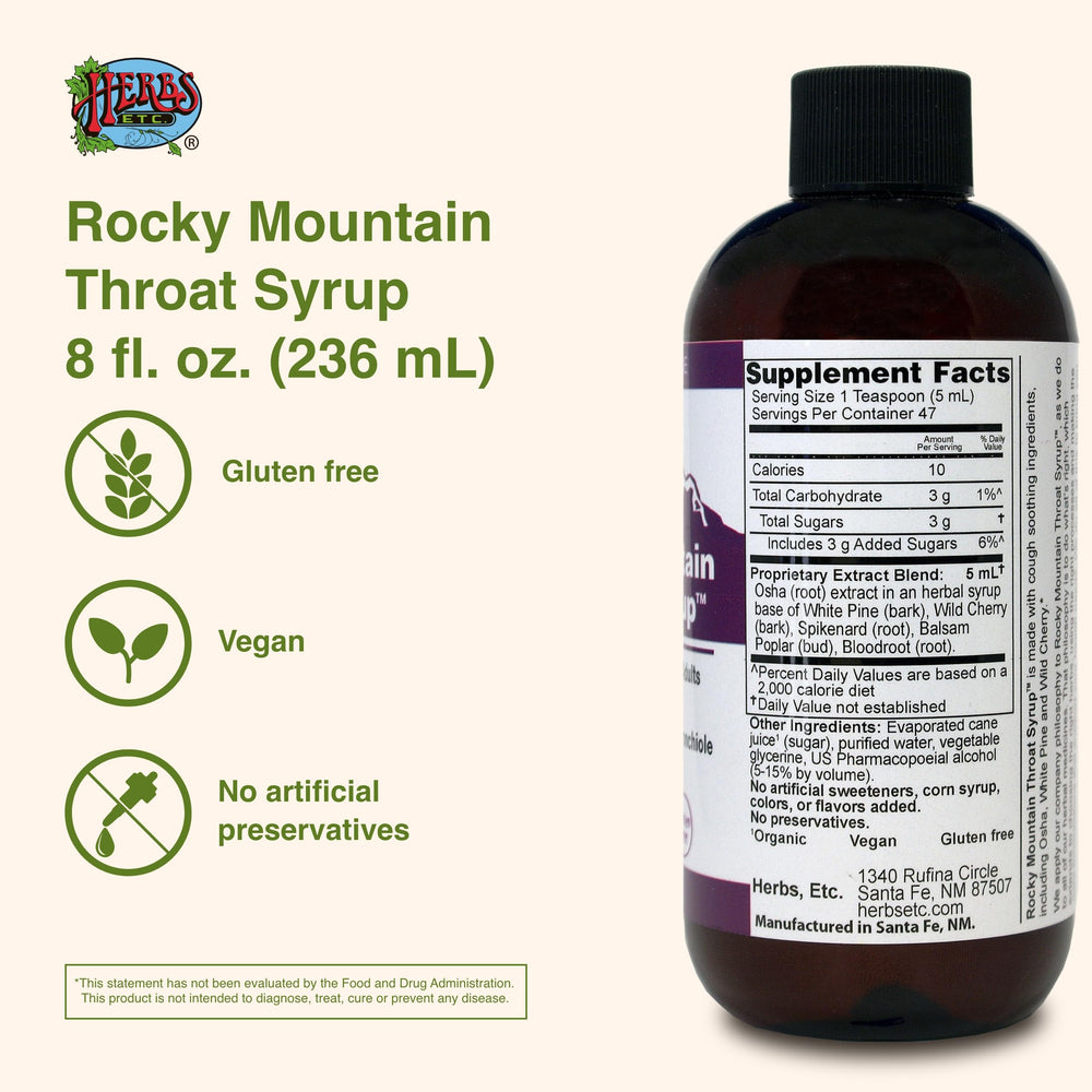 Herbs Etc. Rocky Mountain Throat Syrup shows osha root and natural extracts for respiratory support.