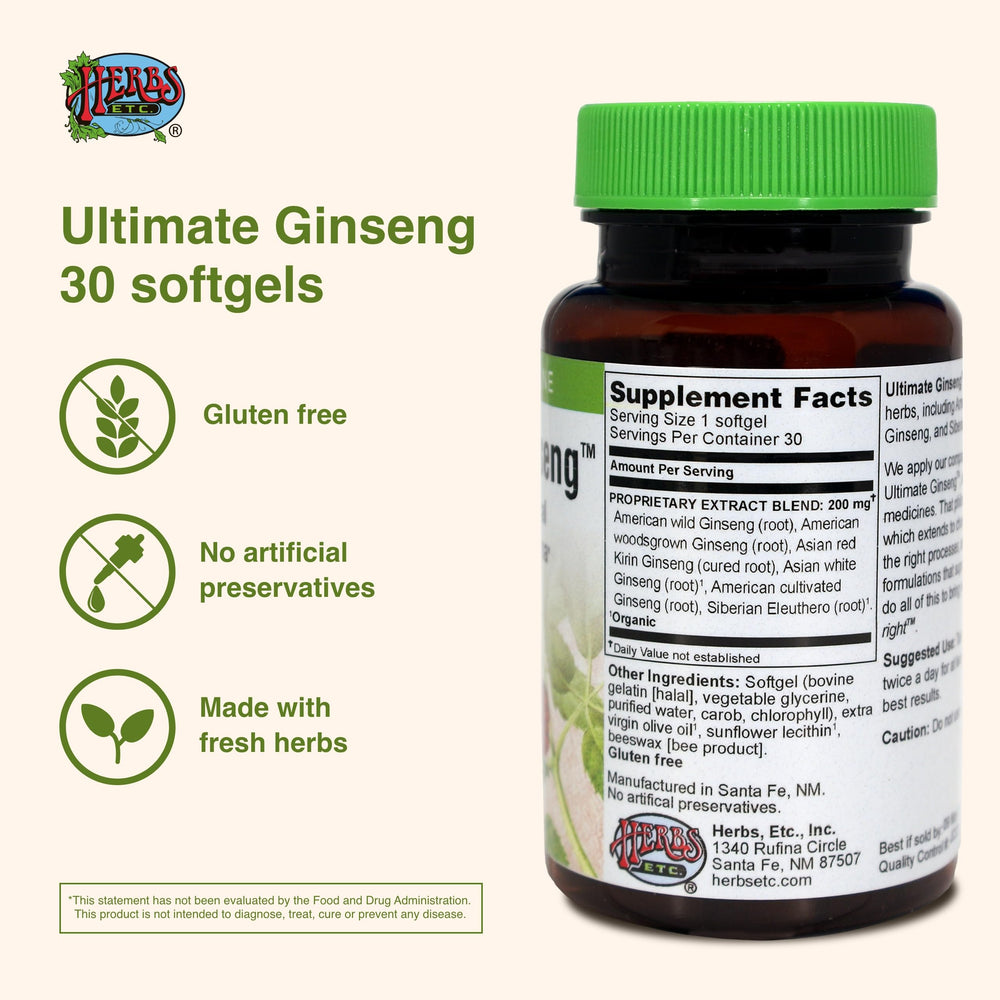Herbs Etc Ultimate Ginseng Softgels capsules closeup highlighting herbal blend.
