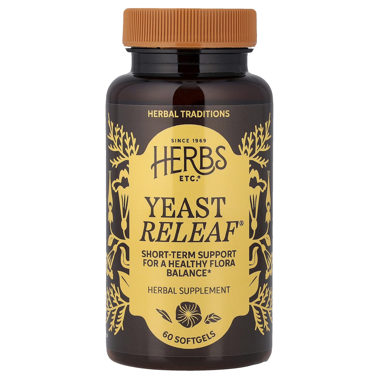Herbs Etc. Yeast ReLeaf softgels bottle for daily flora support.