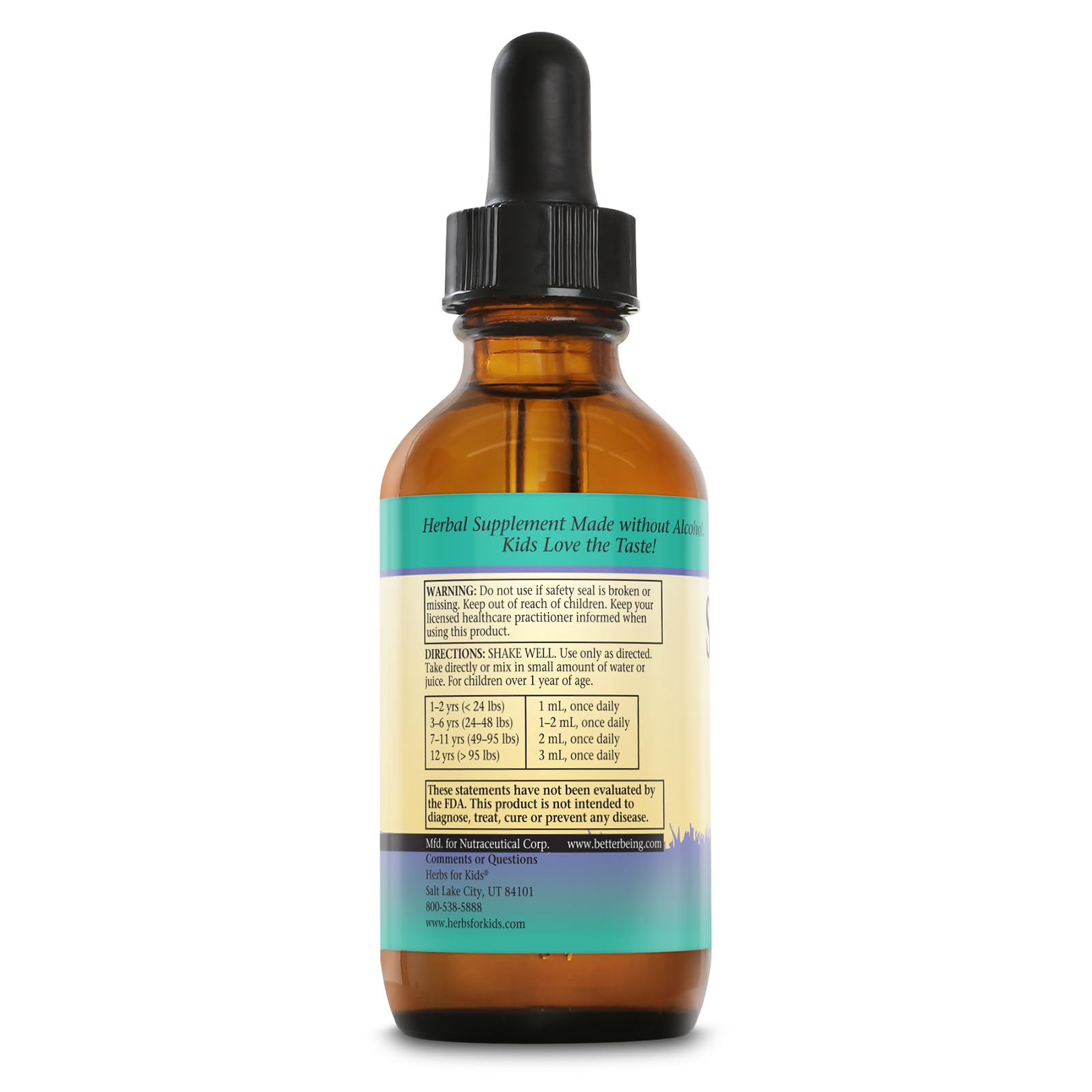 Herbs For Kids Sweet Echinacea label front, easy dosing reference for caregivers.