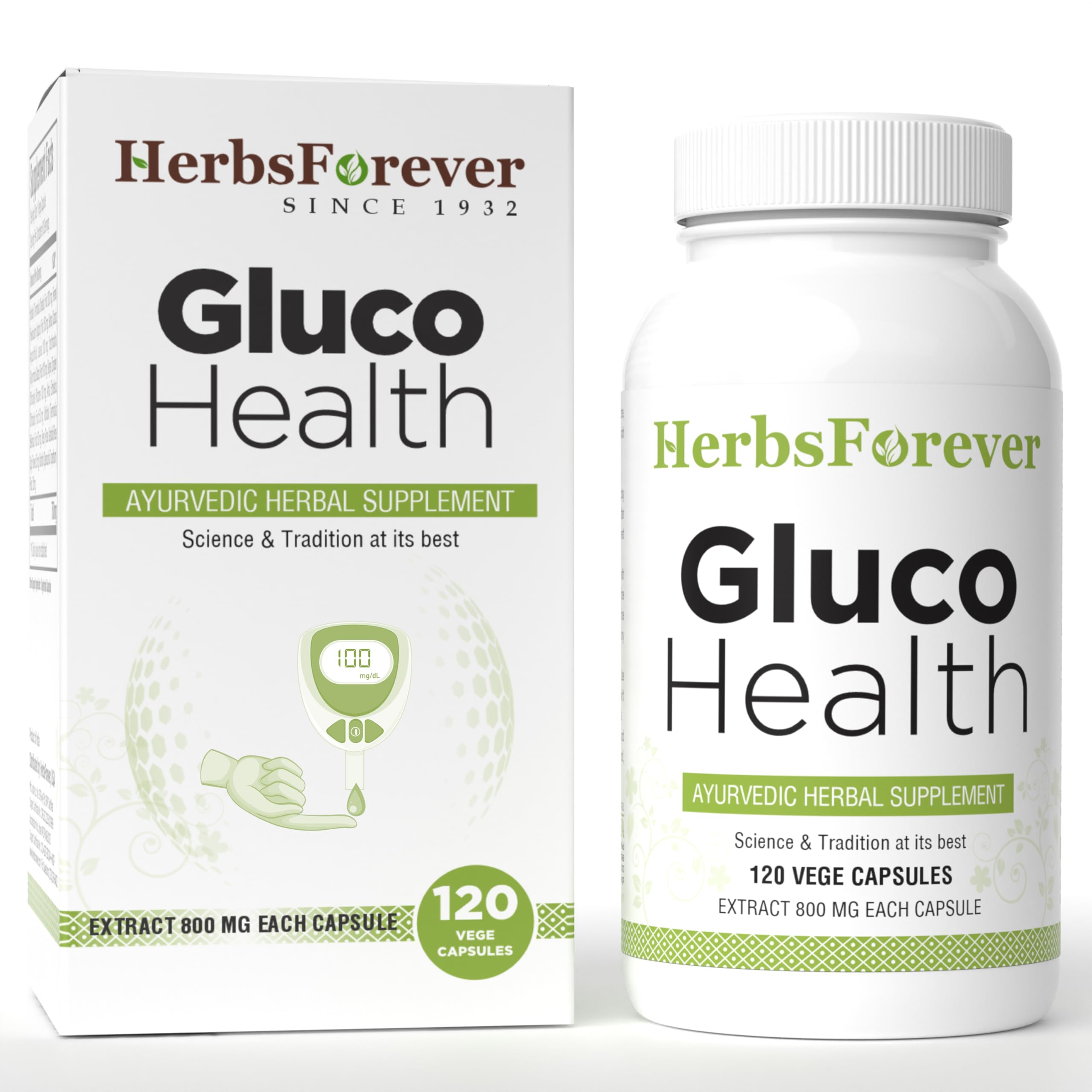 Herbsforever Gluco Health bottle front promotes daily wellness with plant-based support.
