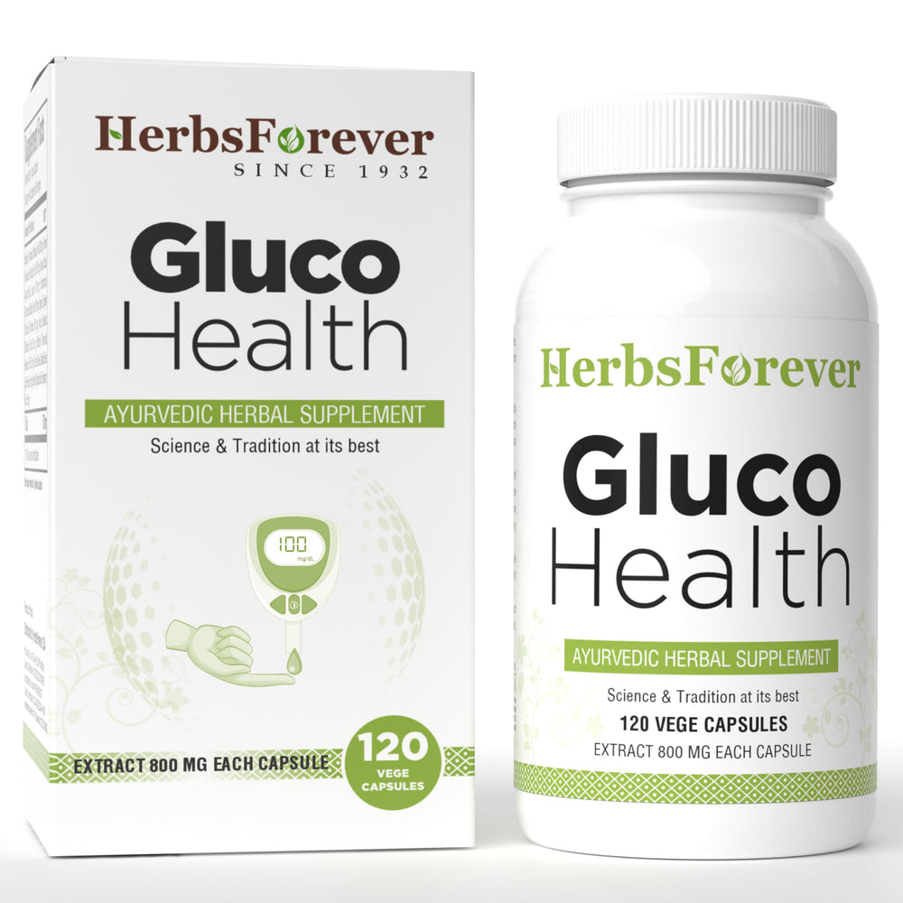 Herbsforever Gluco Health bottle front promotes daily wellness with plant-based support.