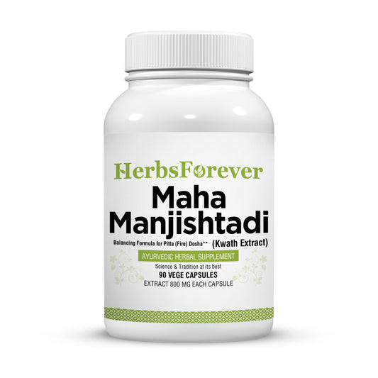Herbsforever Manjishtadi Kwath capsules bottle front, highlighting herbal wellness support
