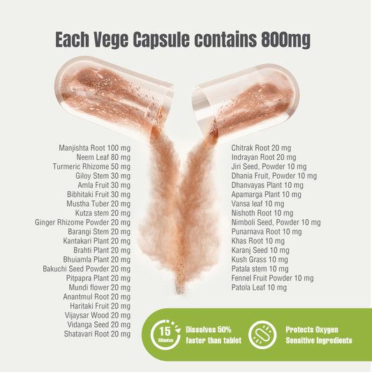 Herbsforever Manjishtadi Kwath capsules closeup shows potent herbal blend for skin clarity