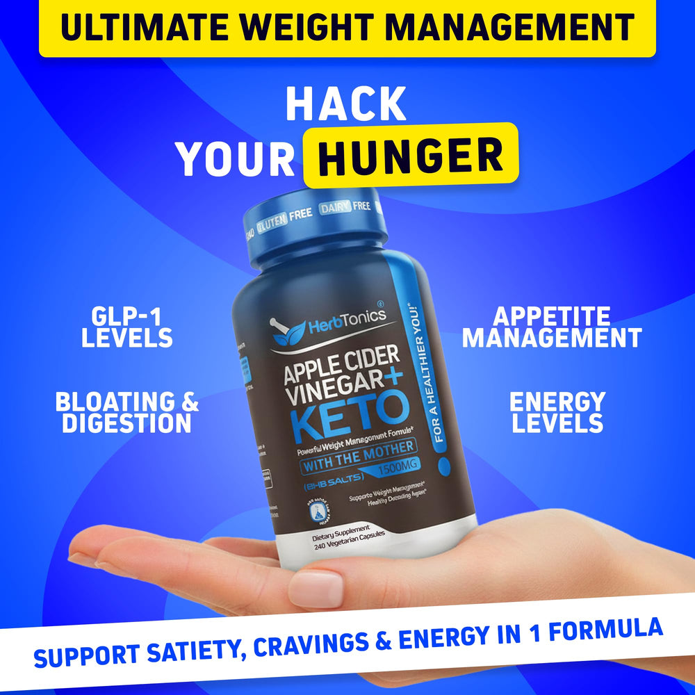 Herbtonics Apple Cider Vinegar + Keto BHB bottle back with quality claims