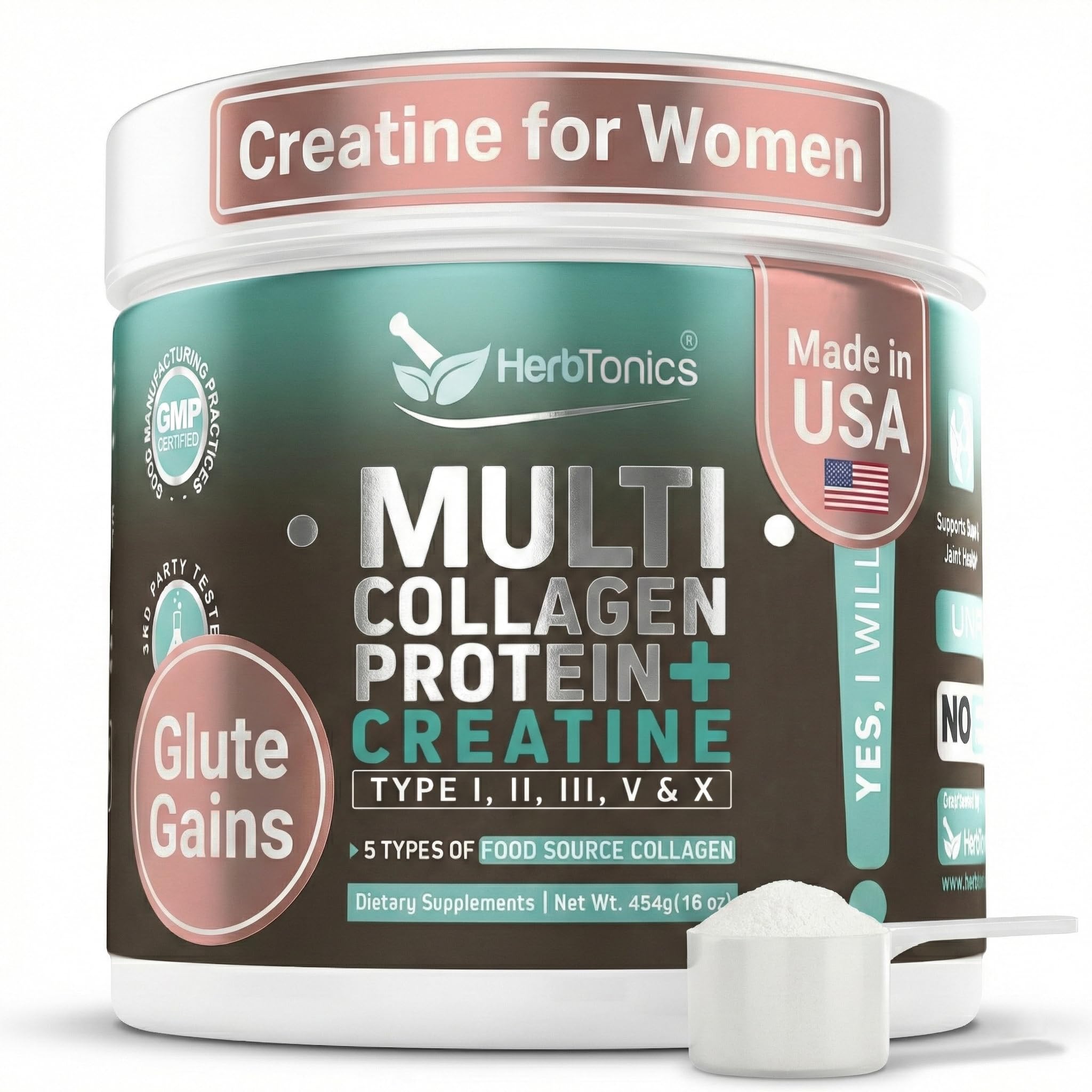 Herbtonics Creatine for Women bottle highlights 5g creatine for lean muscle support