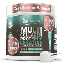 Herbtonics Creatine for Women bottle highlights 5g creatine for lean muscle support