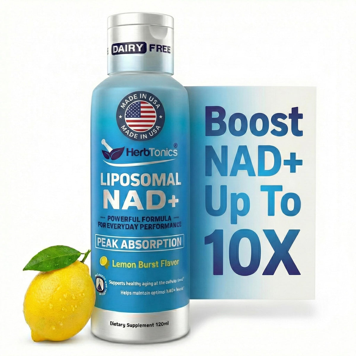 Herbtonics Liposomal NAD+ lemon bottle ready for daily energy use