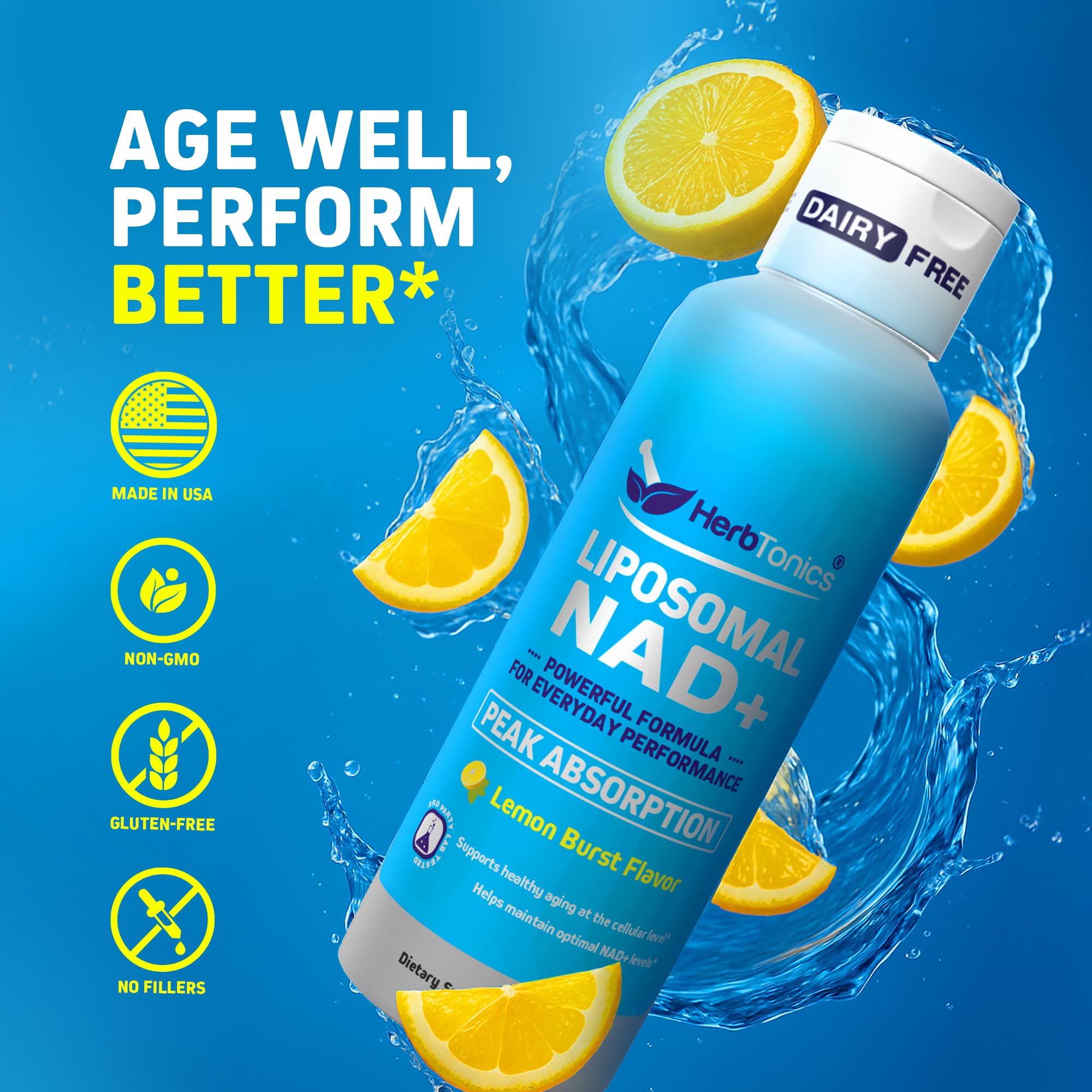 Herbtonics NAD+ liposomal lemon liquid poured into a glass for easy use