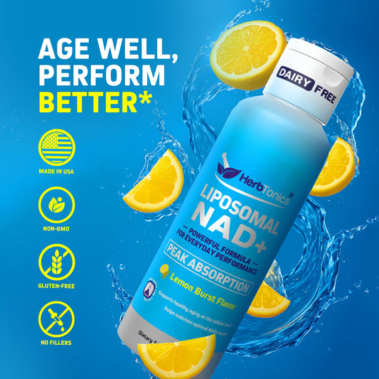 Herbtonics NAD+ liposomal lemon liquid poured into a glass for easy use