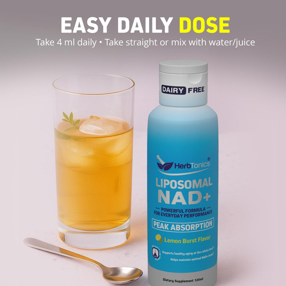Herbtonics Liposomal NAD+ lemon flavor with serving spoon for sugar-free energy