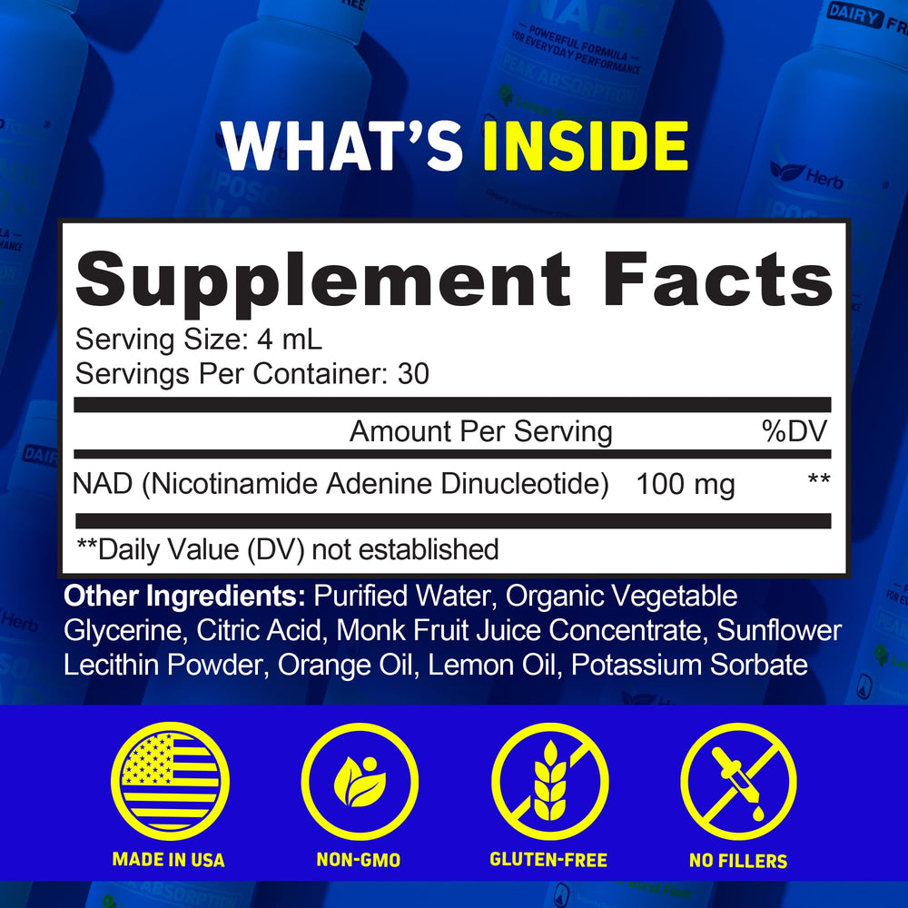 Herbtonics Liposomal NAD+ bottle close-up shows a clean vegan label