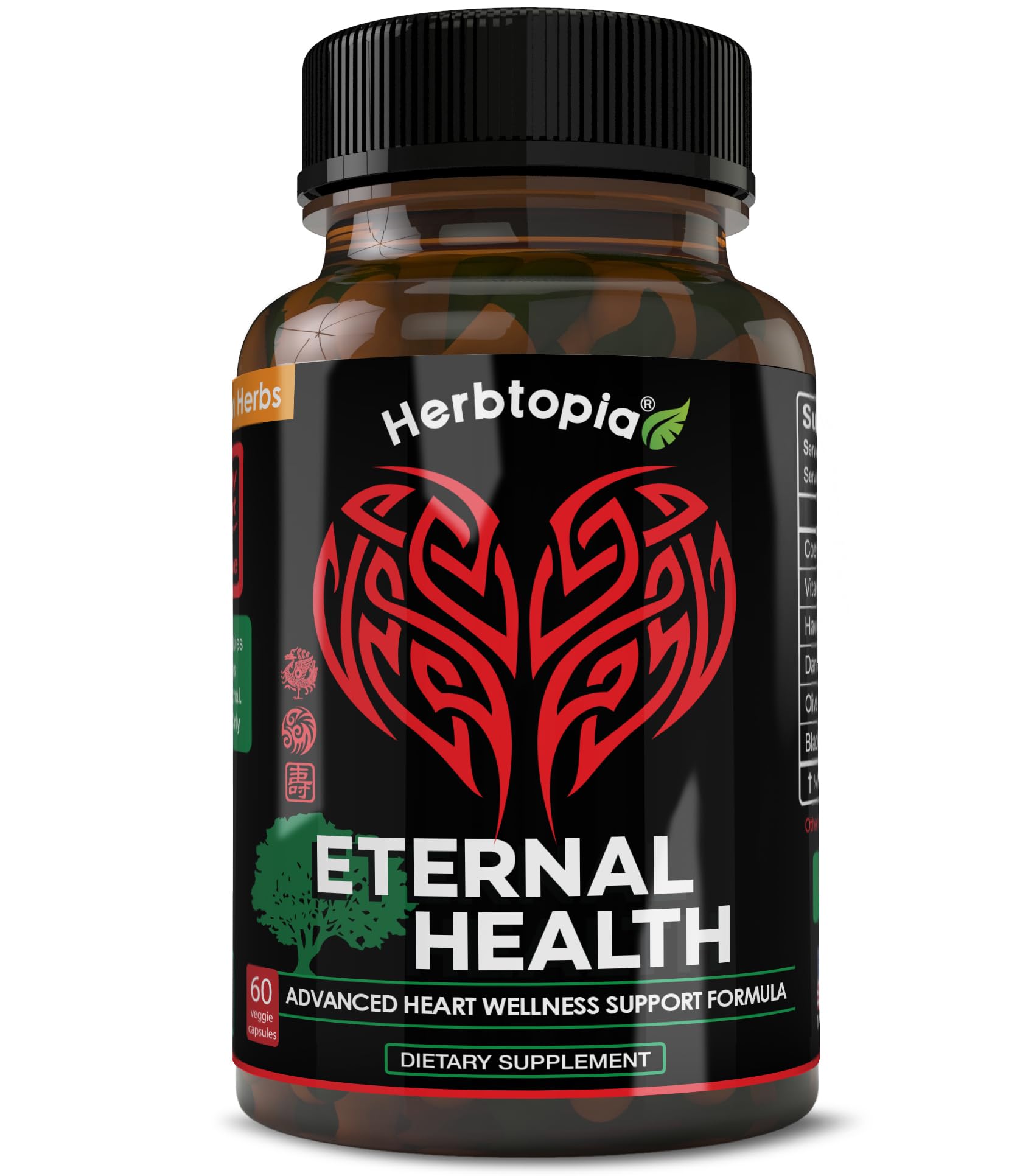 Herbtopia Eternal Health bottle and capsules for heart health support