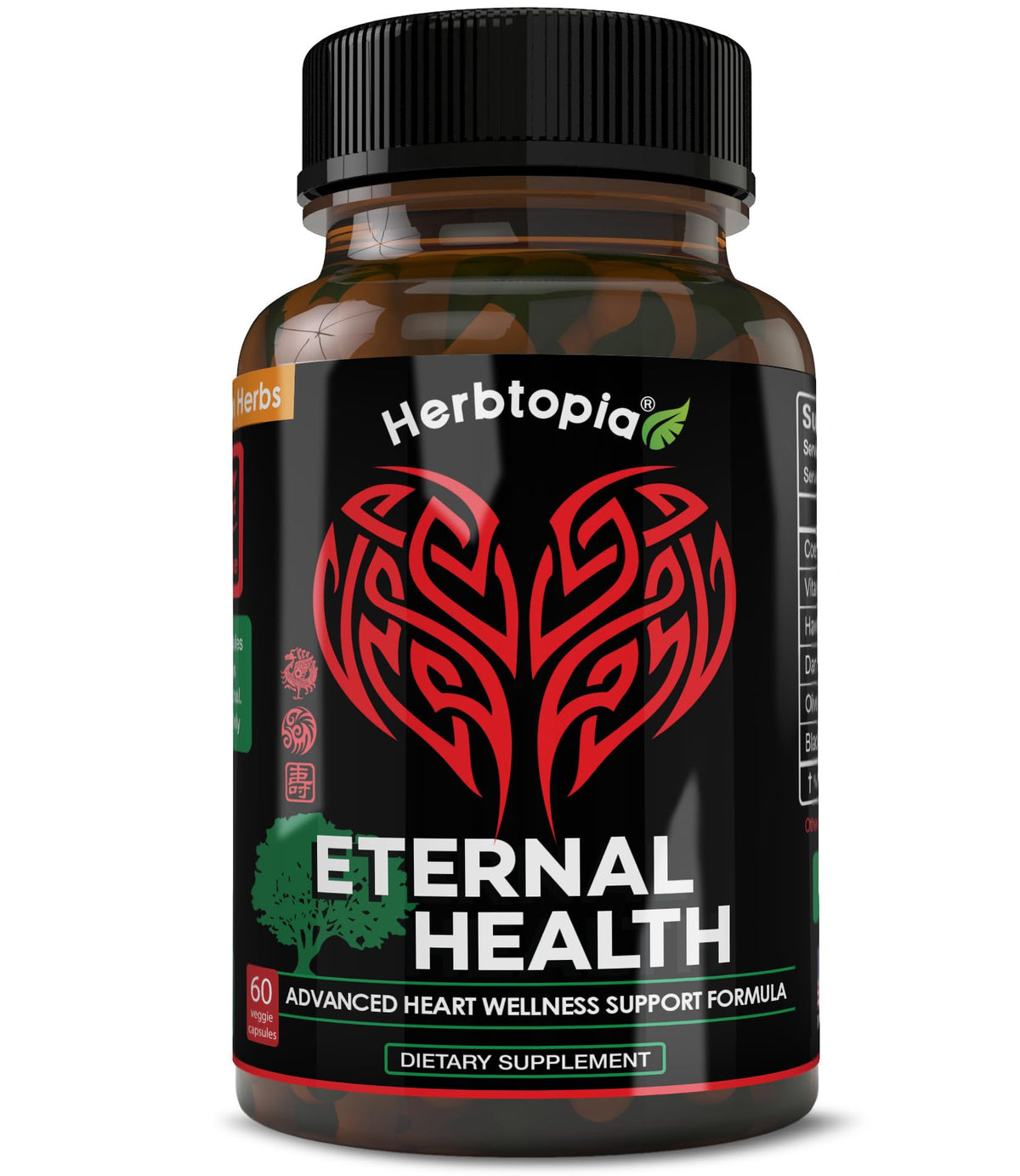 Herbtopia Eternal Health bottle and capsules for heart health support