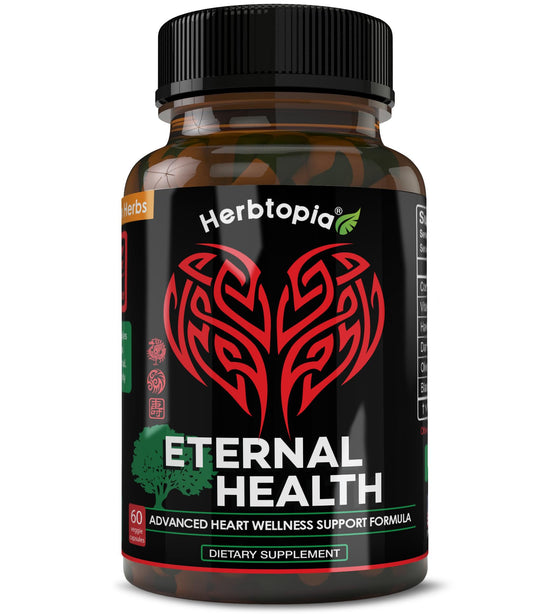 Herbtopia Eternal Health bottle and capsules for heart health support