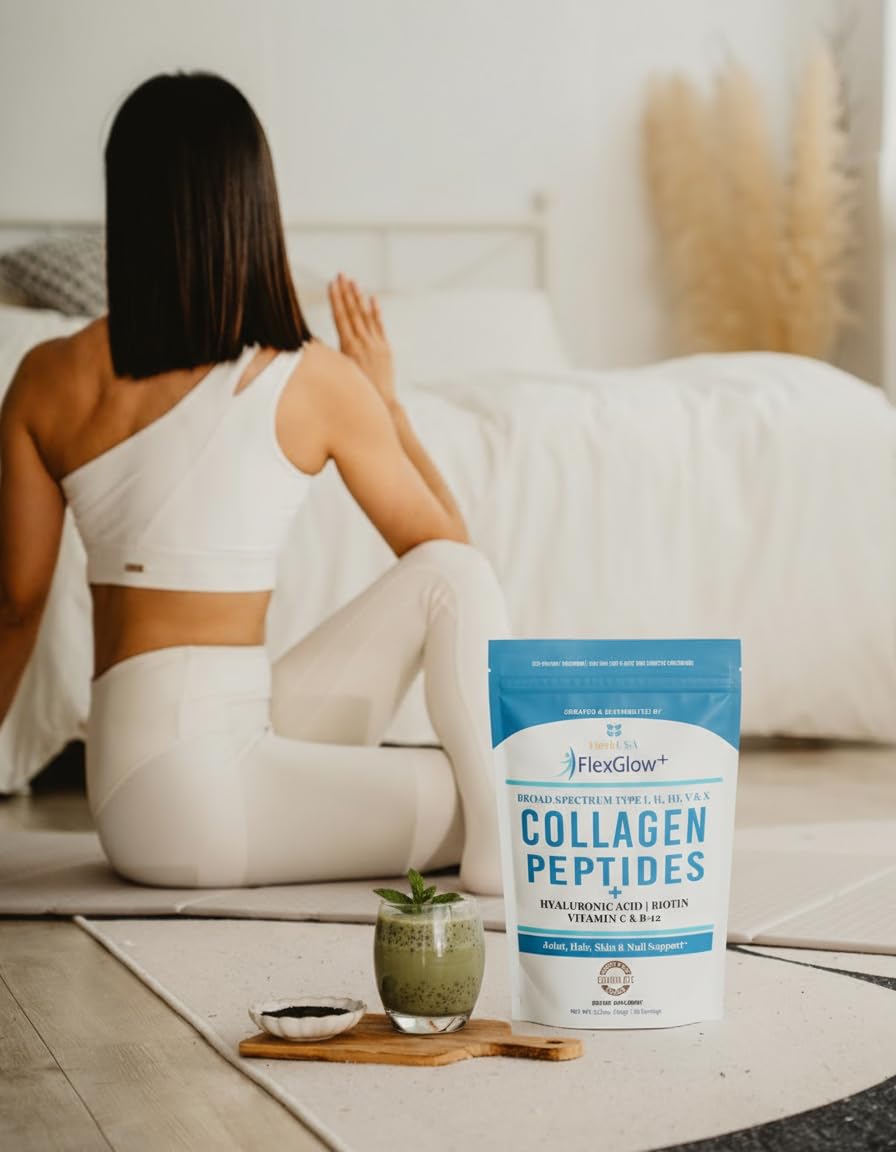 HerbUSA FlexGlow+ bottle with label displaying fully disclosed collagen content.