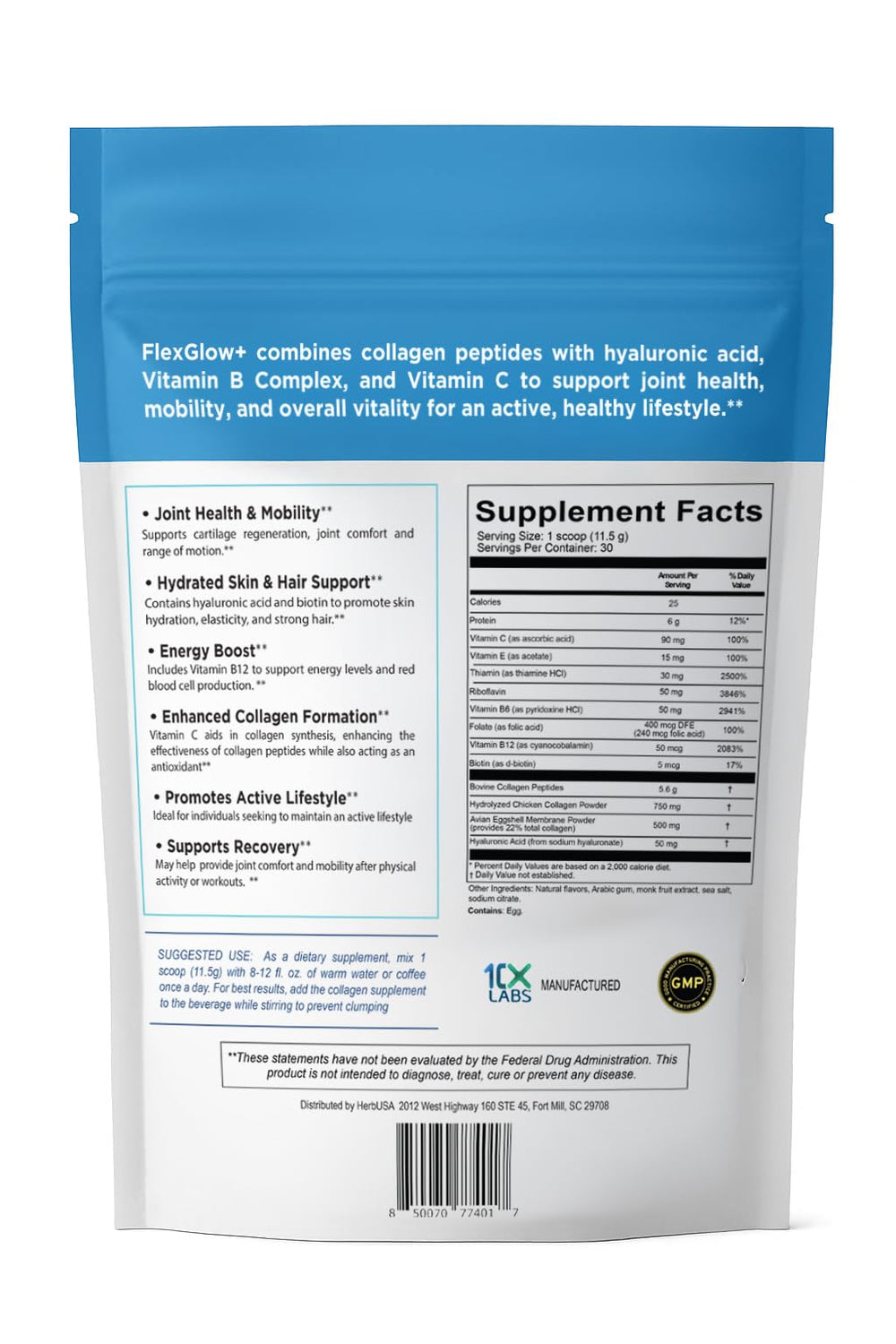 HerbUSA FlexGlow+ collagen powder dissolves smoothly into coffee for a convenient boost.