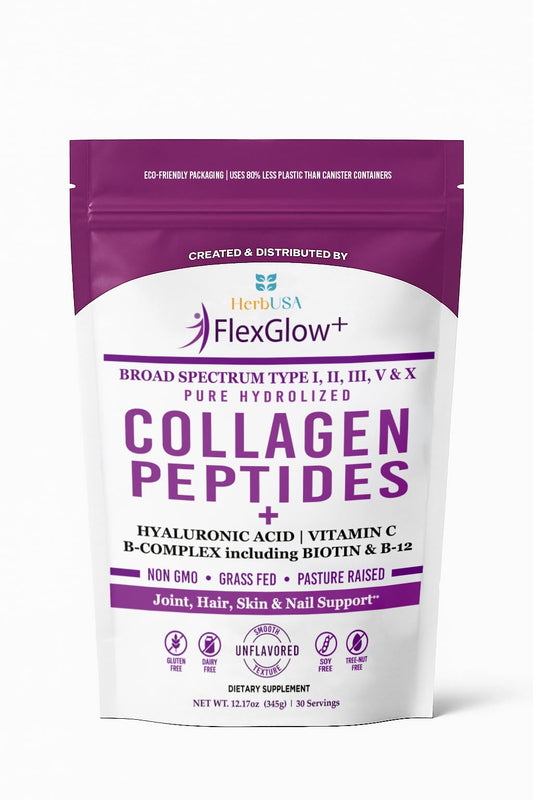 HerbUSA FlexGlow+ collagen powder jar showing a complete 5-type blend for skin and joints.