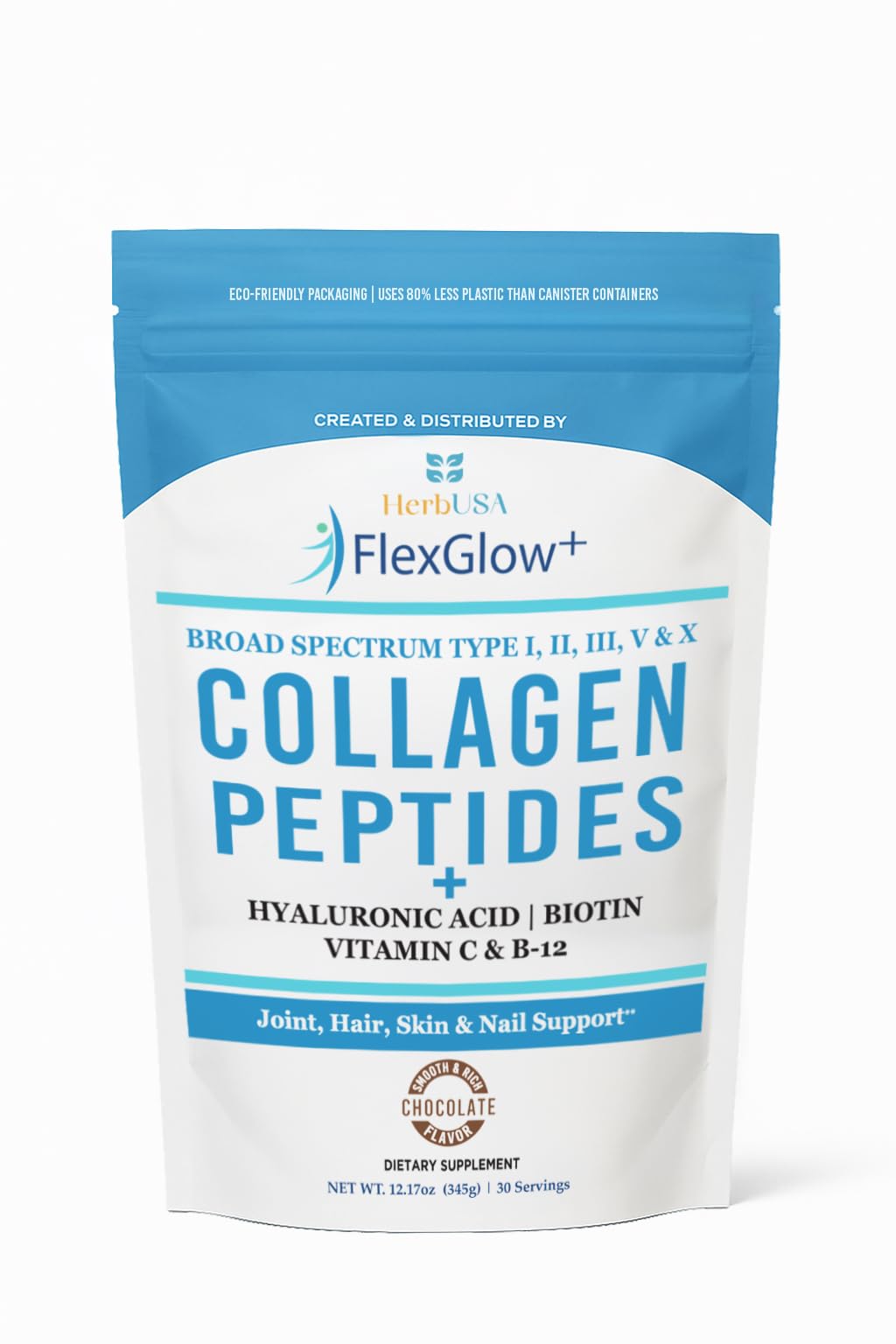 HerbUSA FlexGlow+ collagen powder tub for daily skin and joint support.