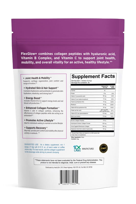 HerbUSA FlexGlow+ daily scoop dissolving in coffee for convenient collagen support.