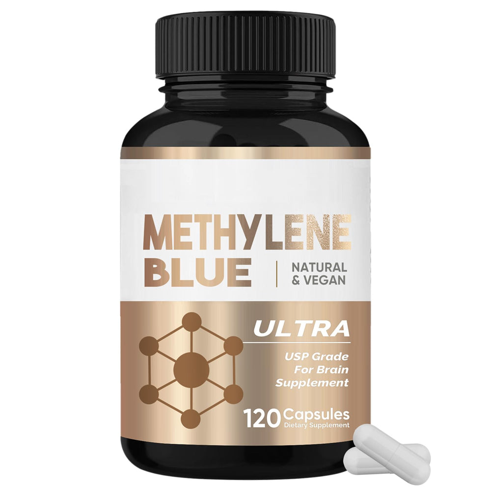 HerbX Methylene Blue capsules bottle shows a 60-day supply for daily use.
