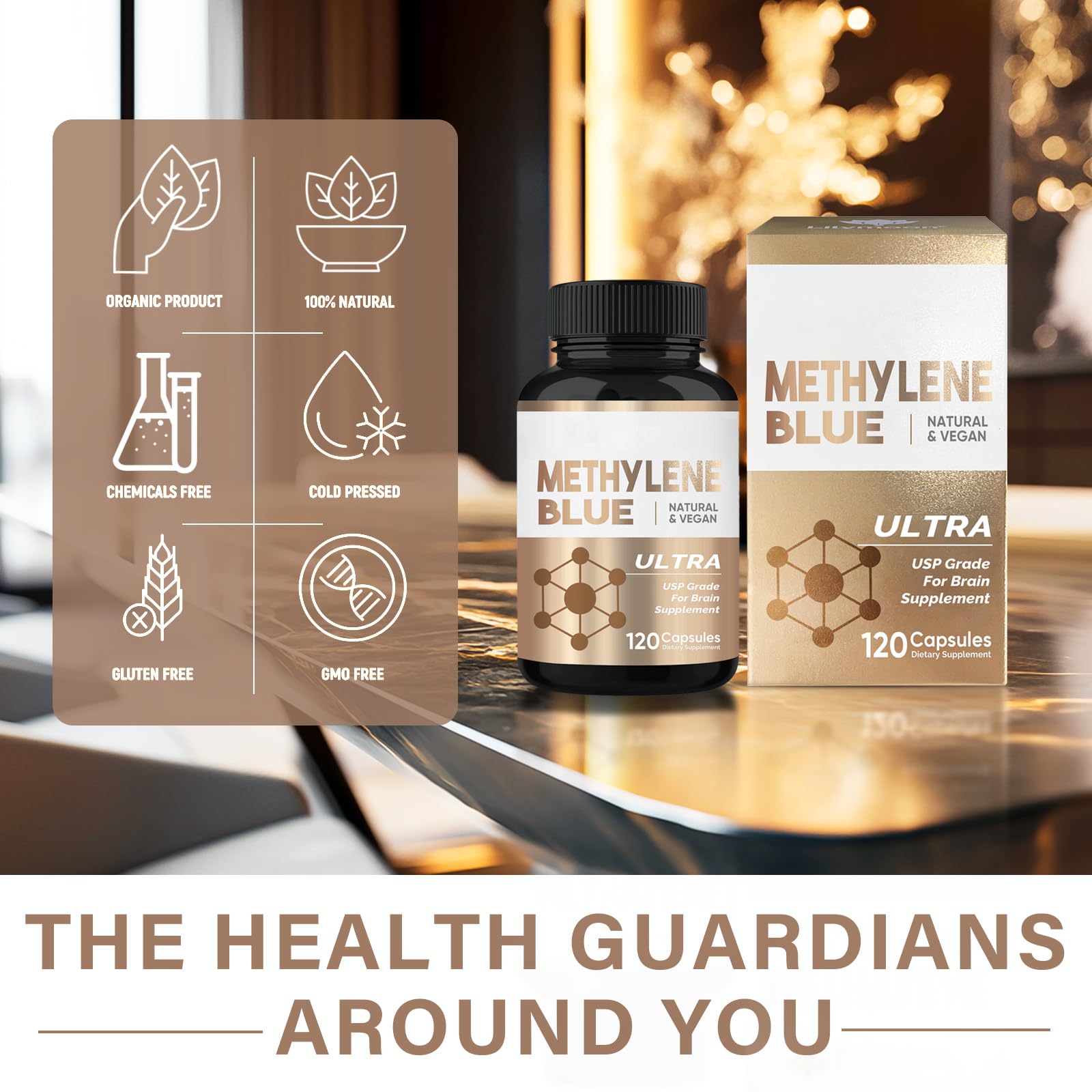 HerbX Methylene Blue capsules with glass of water illustrate easy swallowing.