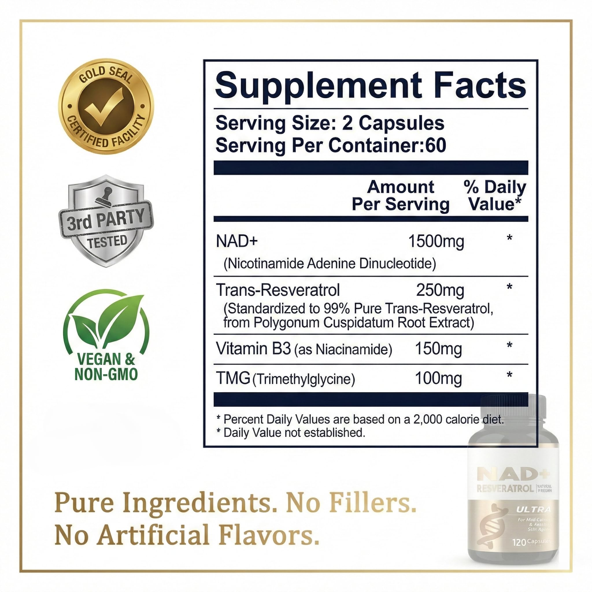 HerbX NADH label info emphasizes premium, non-GMO ingredients.