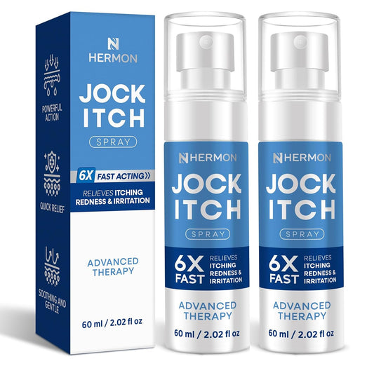 Hermon Jock Itch Spray bottle in hand for easy, targeted application.