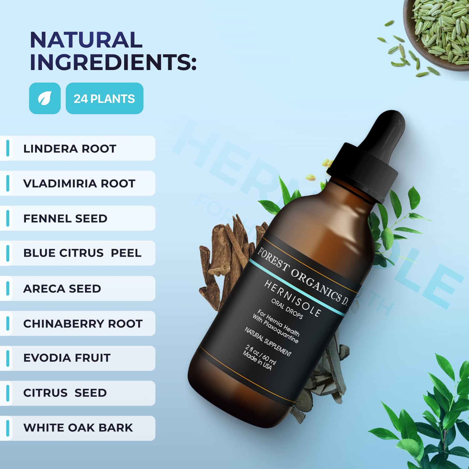 Hernisole ingredient-label detail shows botanical components