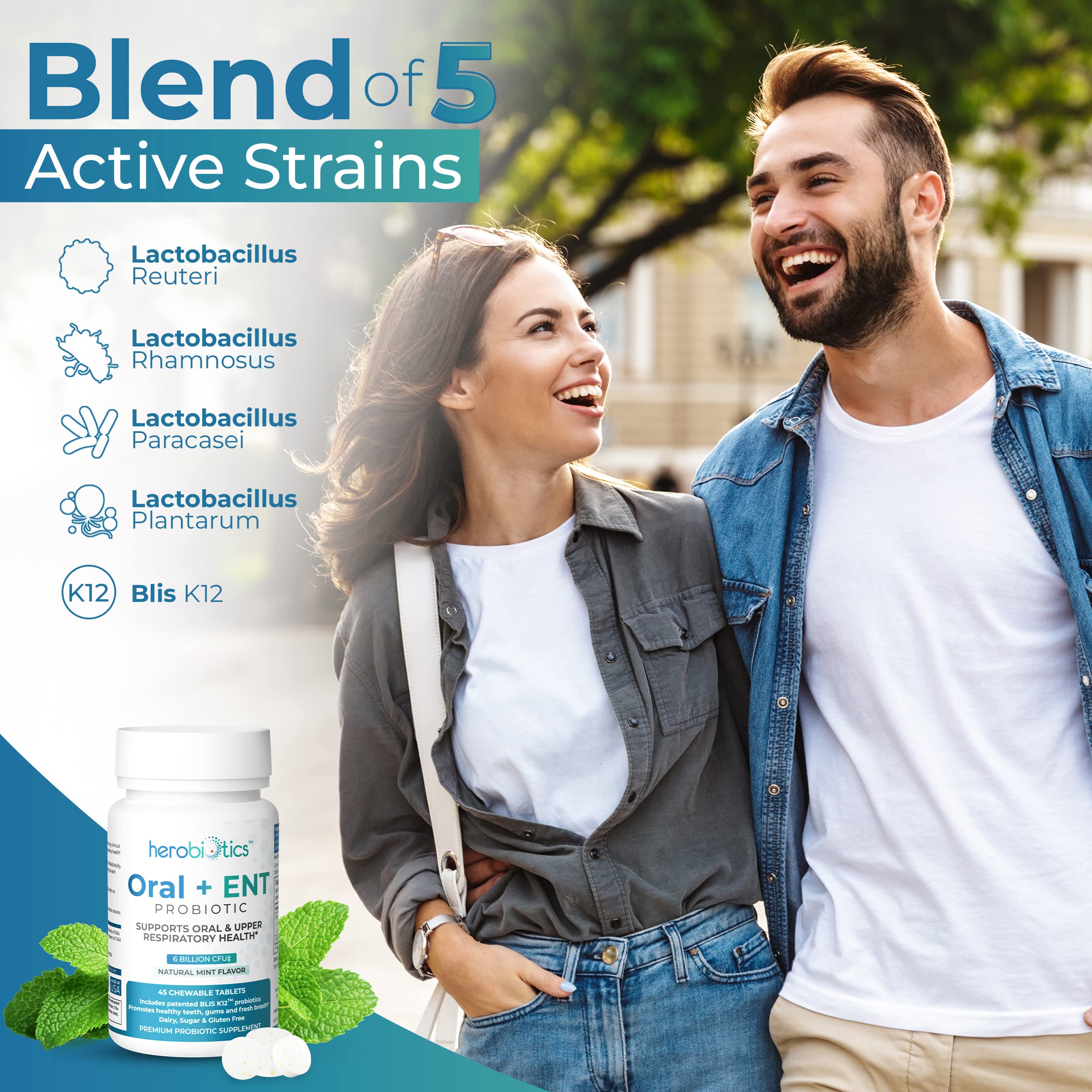 Herobiotics label highlighting BLIS K12-45 and probiotic strains.