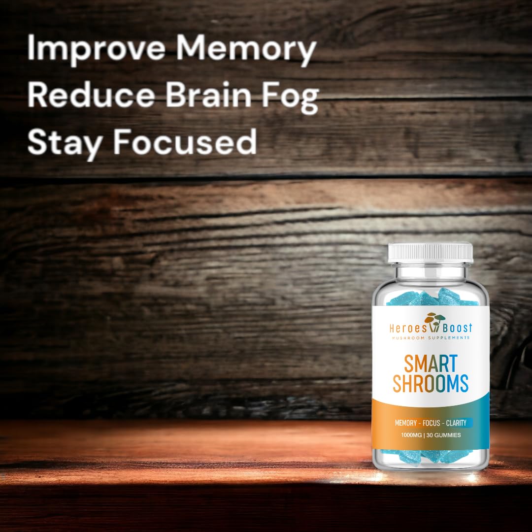 Blue raspberry flavor gummy from Heroes Boost Smart Shrooms packaging