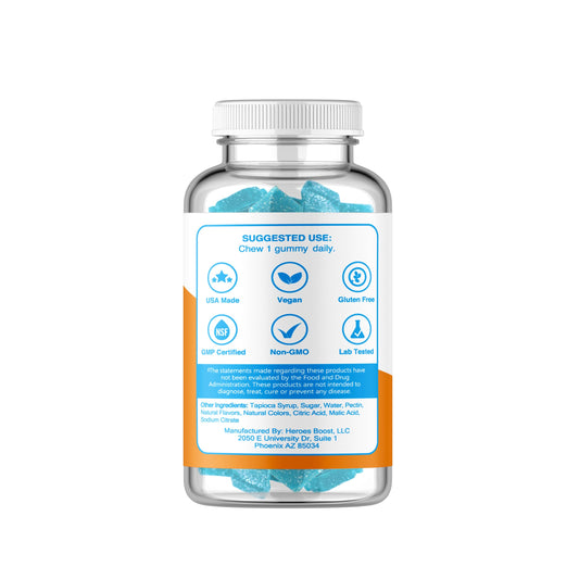 Heroes Boost Smart Shrooms blue raspberry gummy close-up for focus