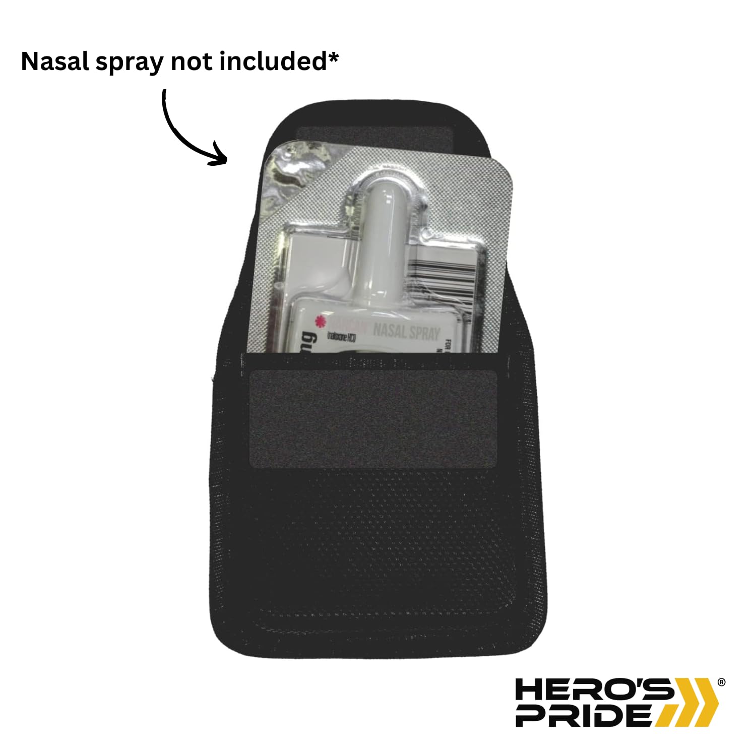 Hero's Pride ballistic nasal spray case clip-on MOLLE provides secure carry.